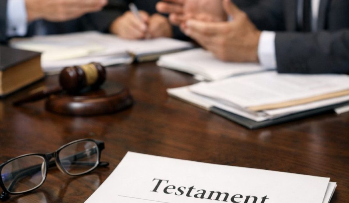Consultation juridique autour d’un testament contesté avec document testamentaire, stylo et professionnels du droit
