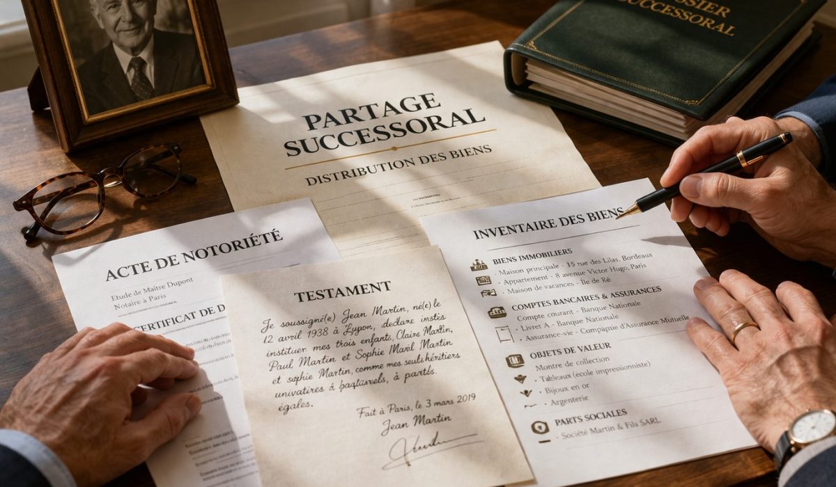 Réunion autour de documents de partage successoral pour préparer une répartition claire entre héritiers