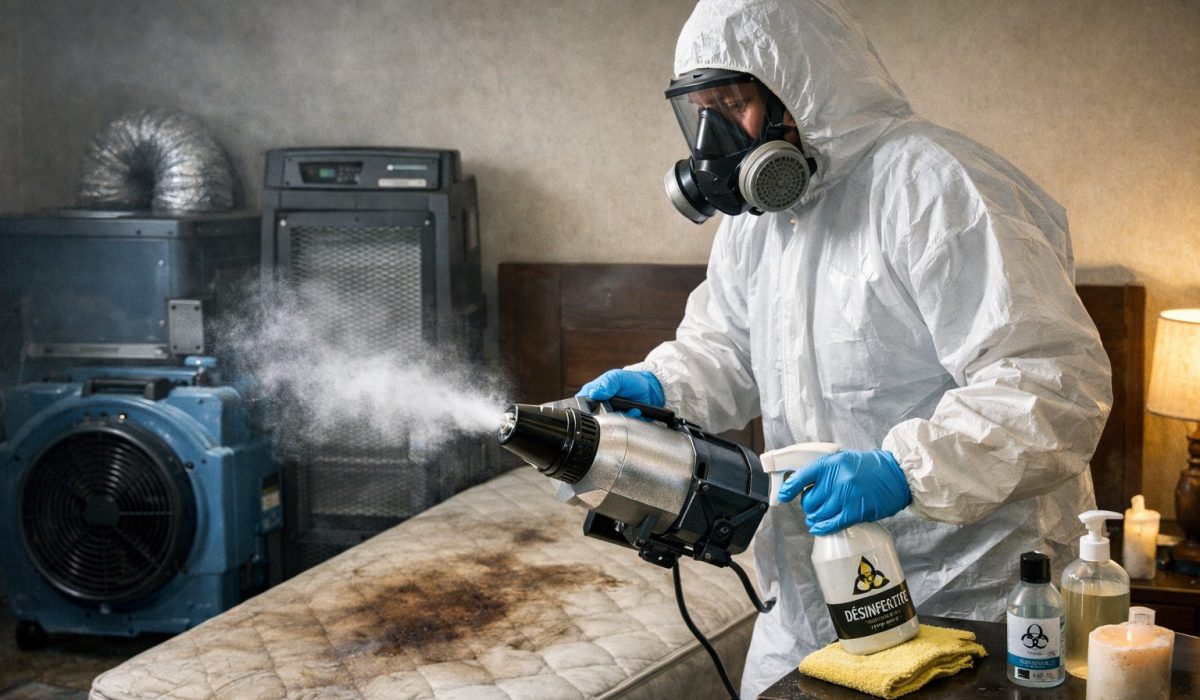 Technicien en tenue de protection réalisant la neutralisation des odeurs après décès avec traitement de l’air et désinfection des surfaces dans une chambre
