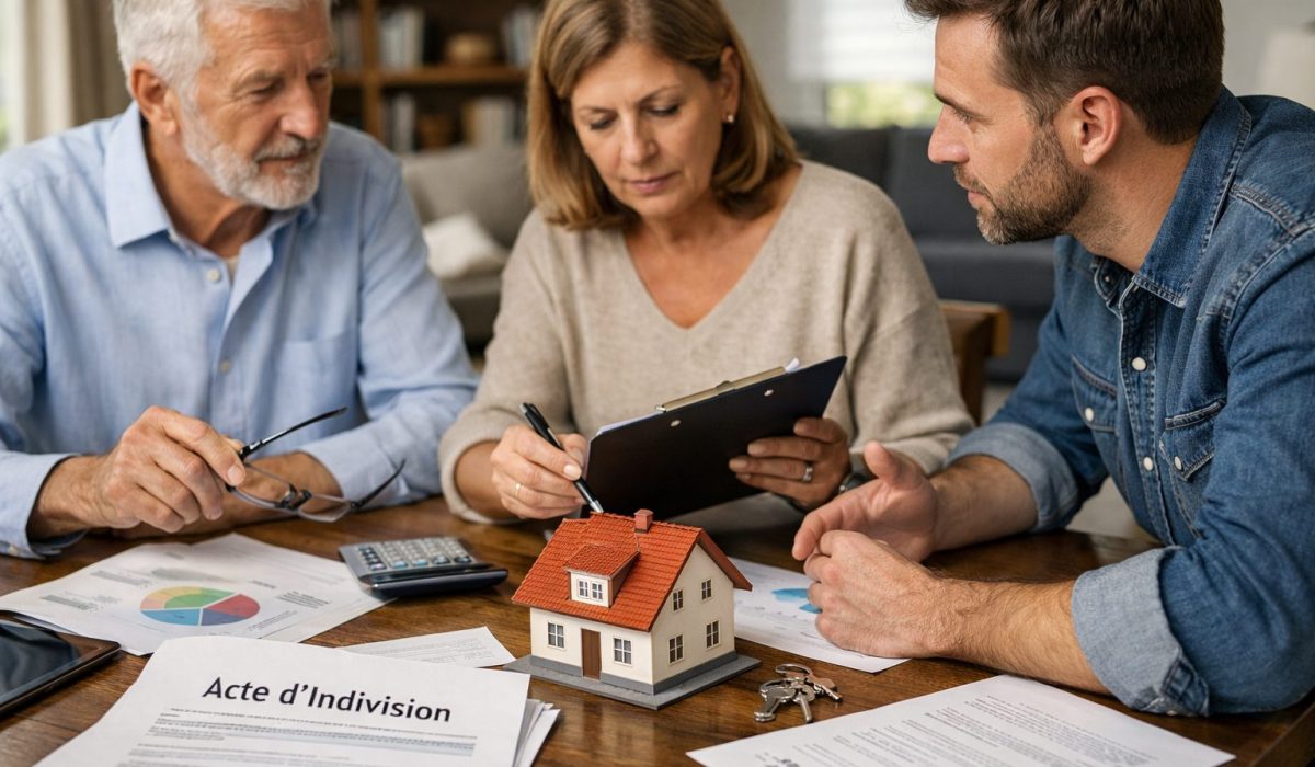 Réunion familiale autour de la gestion d’un bien en indivision avec documents patrimoniaux et maison miniature