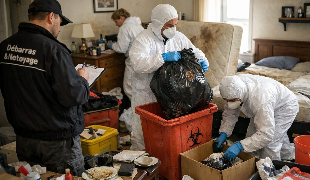 Équipe professionnelle de débarras et nettoyage après décès intervenant dans un logement encombré avec équipements de protection