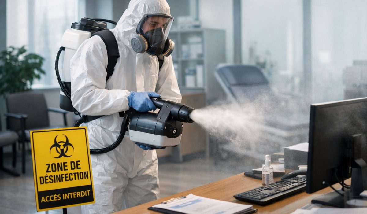 Technicien en combinaison de protection réalisant une désinfection complète professionnelle dans un bureau avec traitement des surfaces de travail