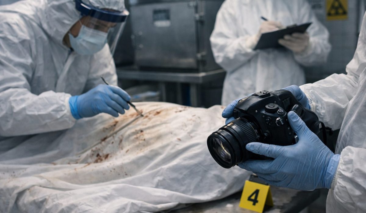 Équipe forensique en tenue de protection intervenant autour d’un corps recouvert lors d’une contamination post-mortem en milieu sécurisé