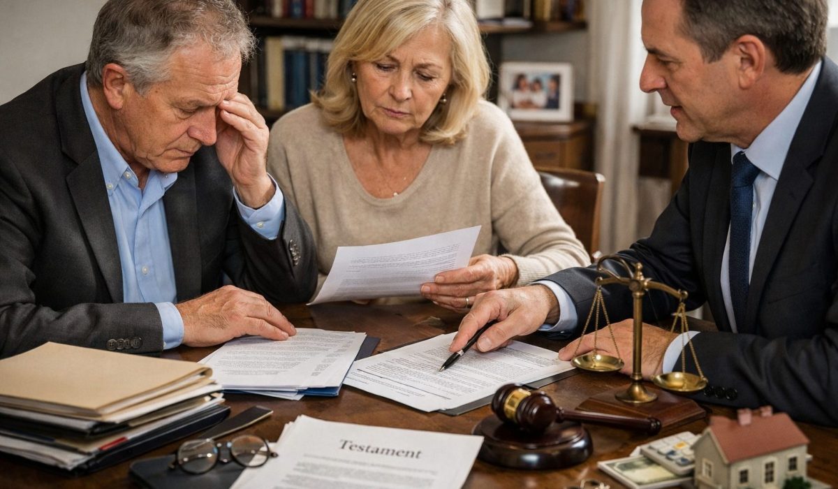 Succession complexe avec documents juridiques, héritiers en réflexion et arbitrages patrimoniaux majeurs