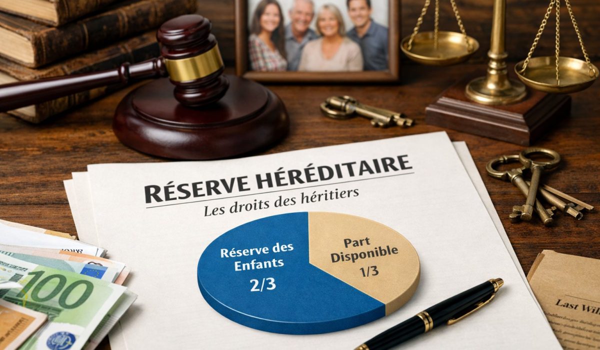 Illustration réaliste de la réserve héréditaire avec document juridique, marteau de juge, balance et répartition de la part des héritiers