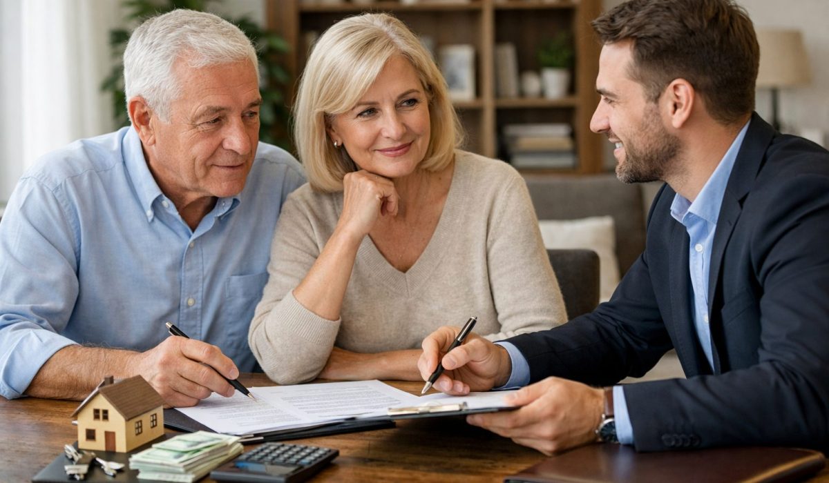Couple senior avec conseiller patrimonial préparant la transmission patrimoniale et la succession autour de documents financiers