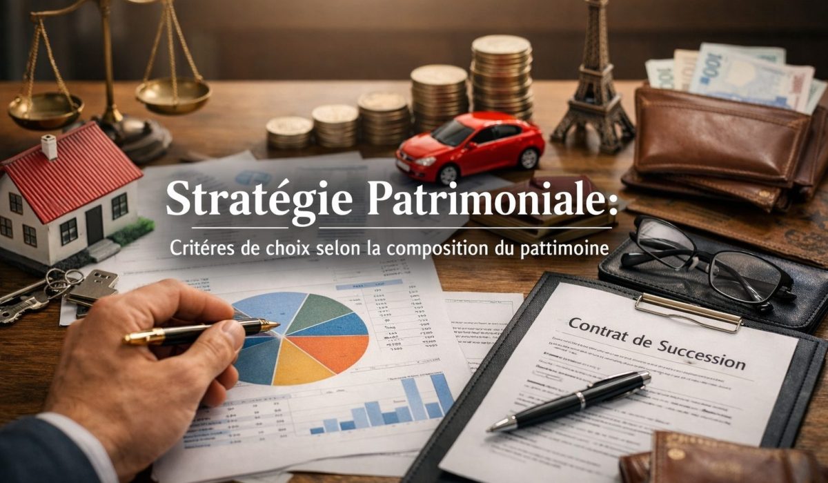 Stratégie patrimoniale illustrant les critères de choix selon la composition du patrimoine avec immobilier, placements financiers et transmission