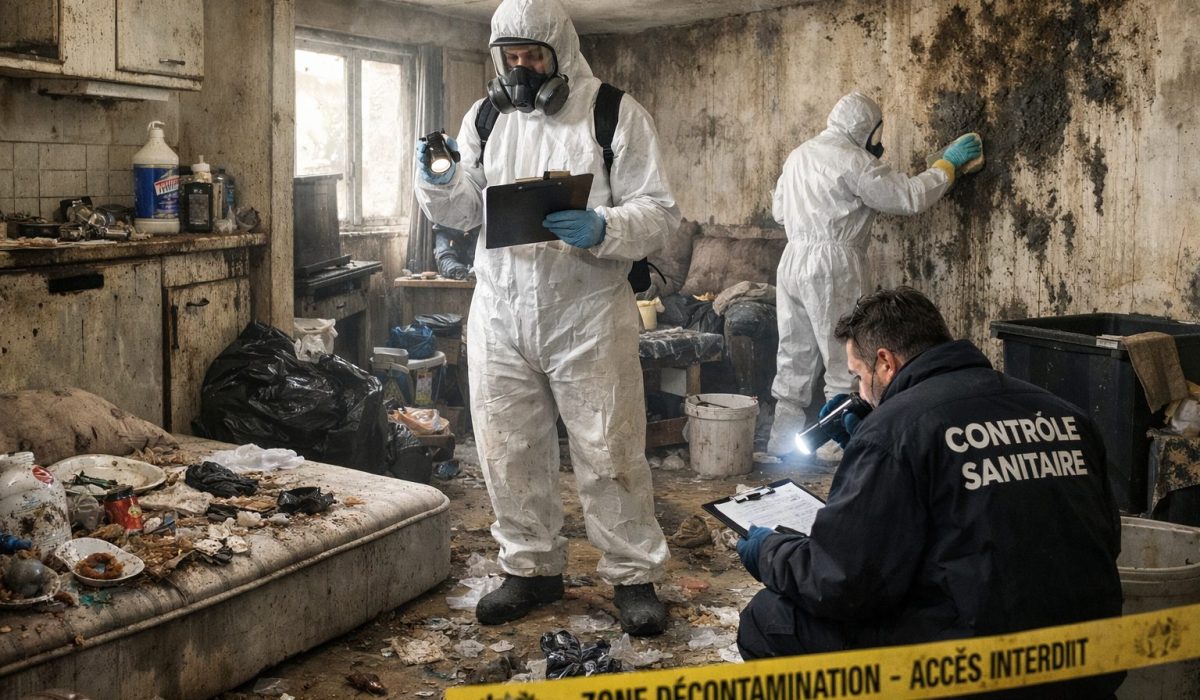 Inspection et remise en conformité d’un logement insalubre après décès par des professionnels équipés de protections sanitaires