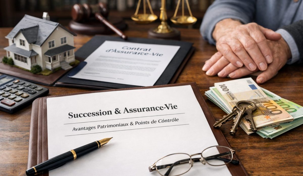 Bureau patrimonial avec documents de succession et d’assurance-vie, maison miniature, billets en euros, clés et couple âgé préparant la transmission de patrimoine