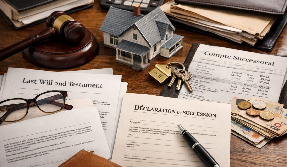 Documents de liquidation successorale avec testament, déclaration de succession, maison miniature et dossier notarial