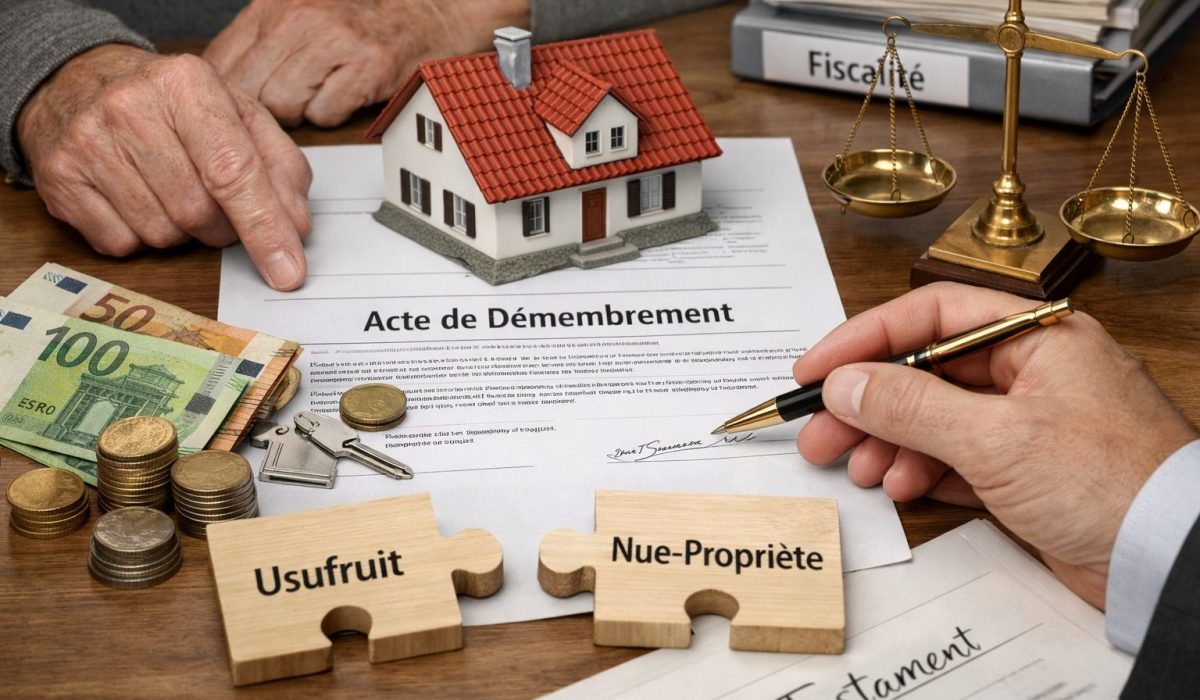 Illustration réaliste du démembrement de propriété avec maison, document juridique, usufruit, nue-propriété et éléments liés à la succession et à la fiscalité