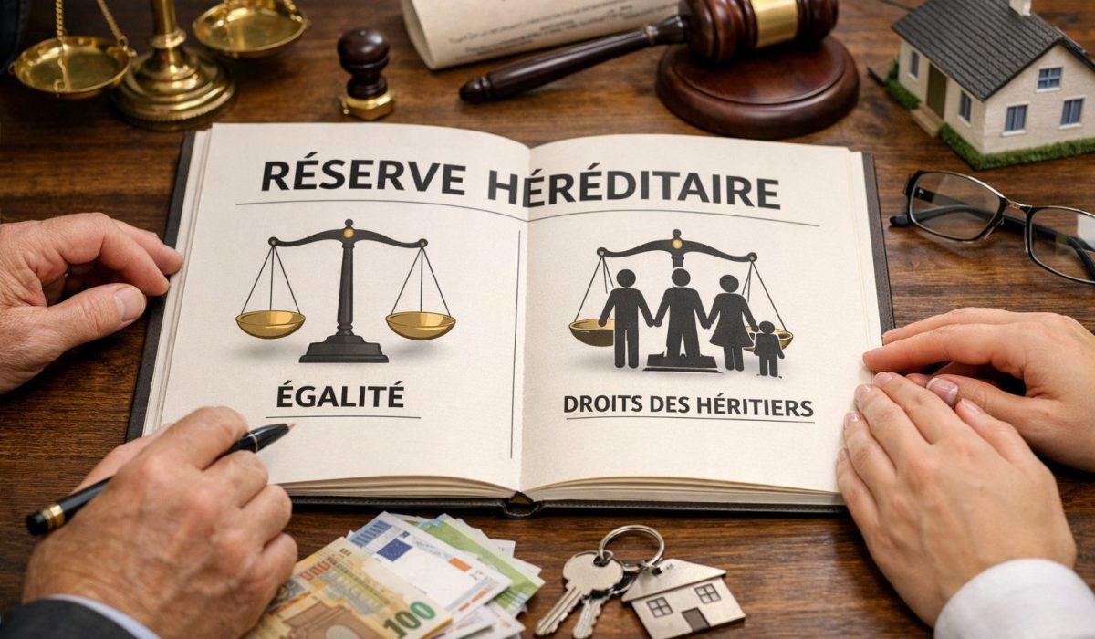 Réserve héréditaire en droit français avec balance de justice, testament, clés de maison et héritiers réservataires