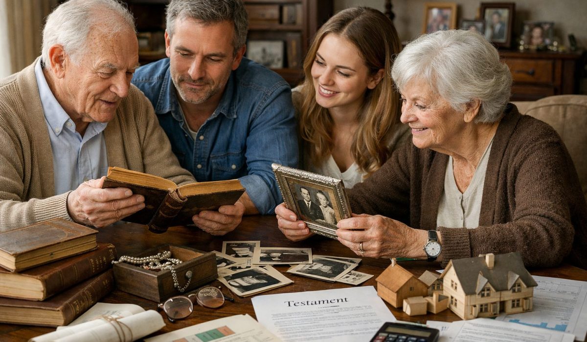 Famille de trois générations réunie autour de documents successoraux et patrimoniaux pour illustrer l’héritage transgénérationnel