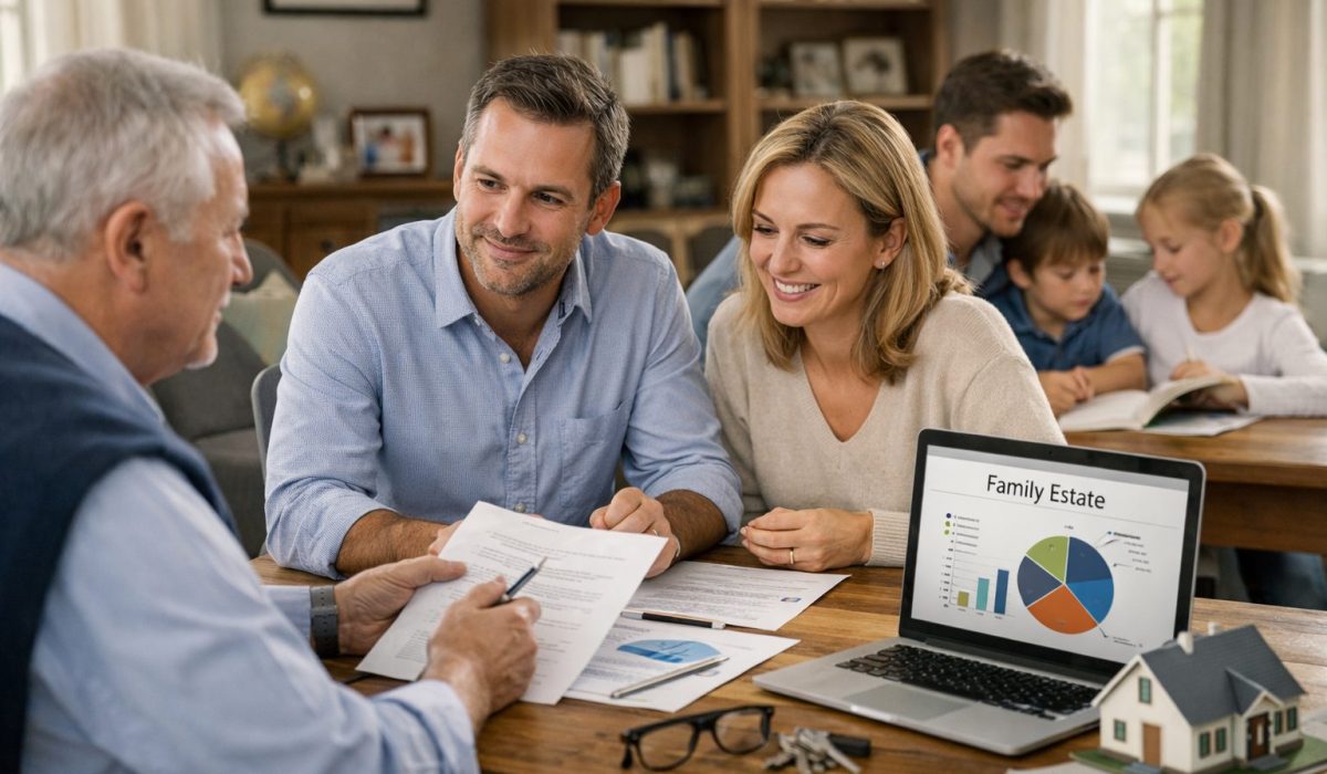 Famille réunie autour d’une table pour organiser la gestion du patrimoine familial et préserver la valeur des biens
