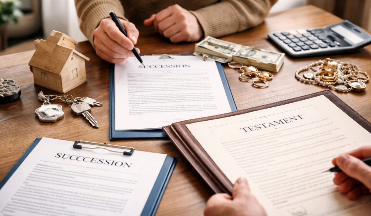 Documents de succession, bijoux, argent et clés posés sur une table pour illustrer l’actif successoral et le patrimoine à partager