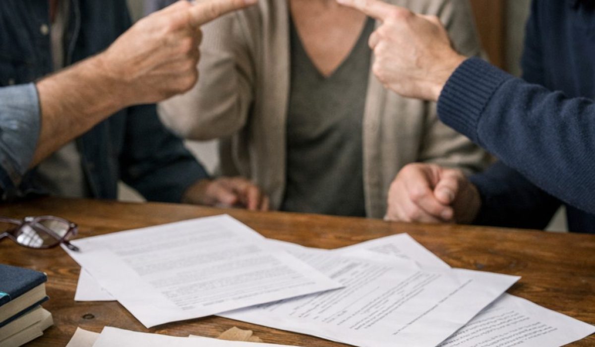 Conflit entre héritiers autour d’un testament avec tensions familiales et documents de succession