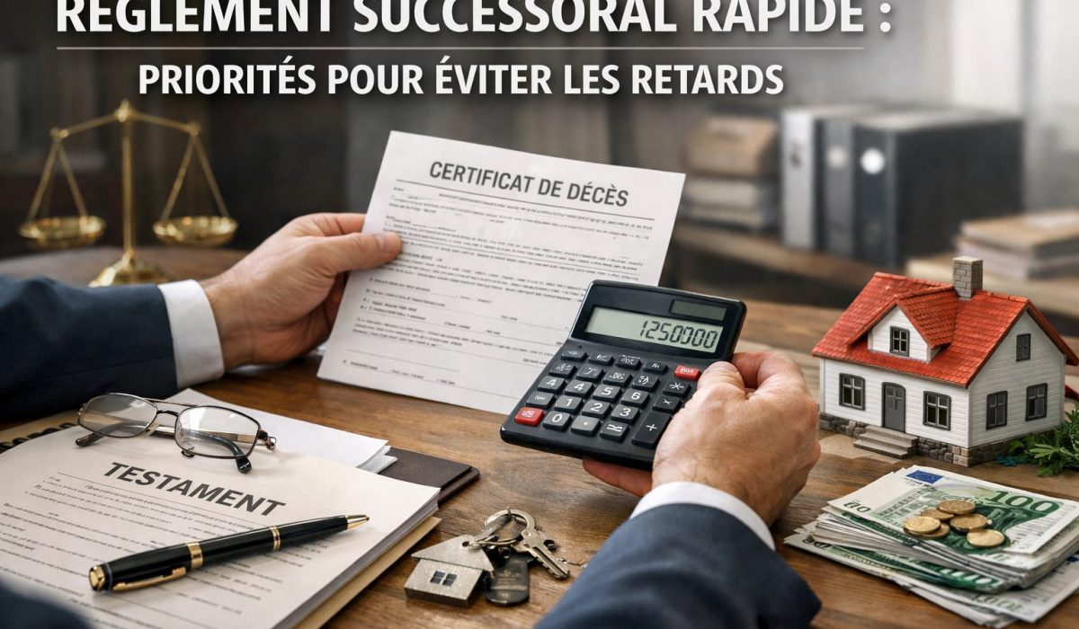Illustration réaliste d’un règlement successoral rapide avec documents notariés, héritiers et priorités administratives pour éviter les retards