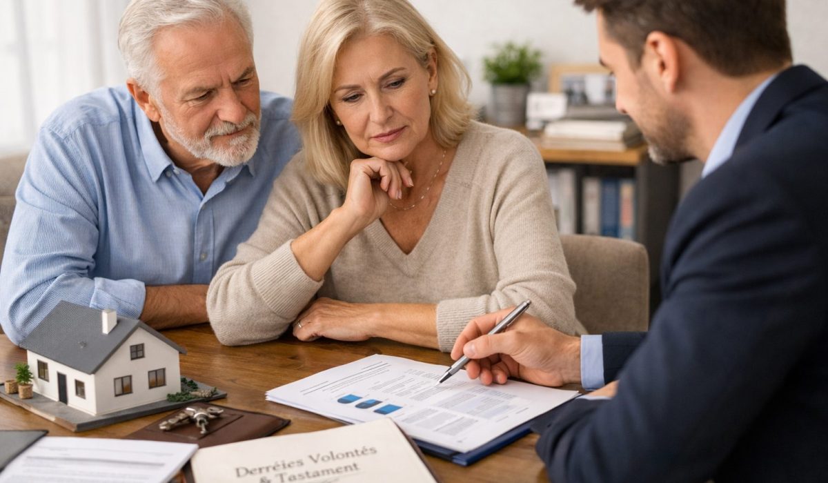 Couple senior en rendez-vous avec un conseiller patrimonial pour préparer une succession anticipée