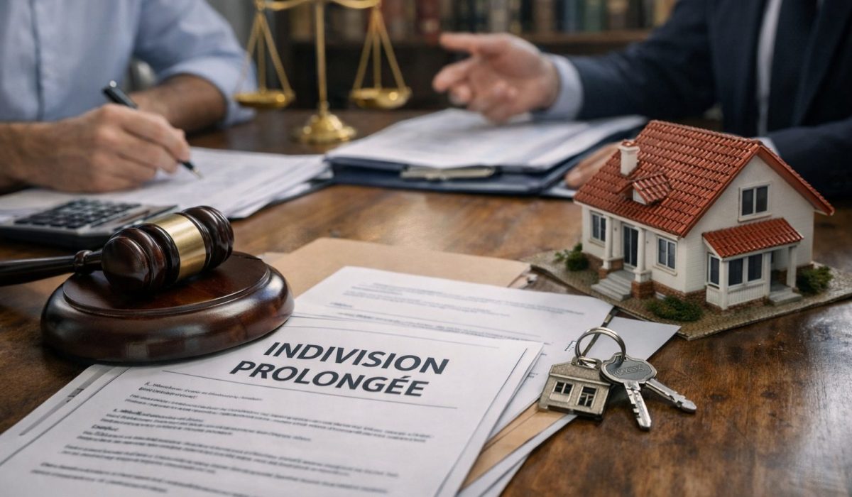 Documents juridiques, maison miniature et clés illustrant les risques juridiques d’une indivision prolongée et la gestion des biens