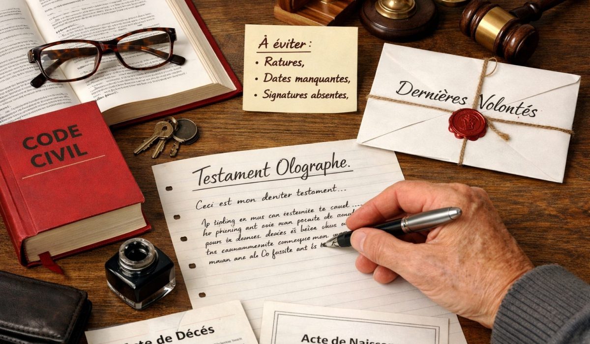 Testament olographe manuscrit avec stylo, Code civil et documents juridiques sur un bureau en bois