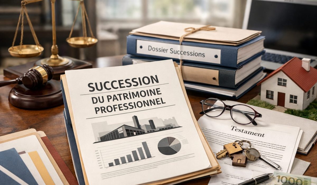 Patrimoine professionnel en cas de succession avec dossier juridique, testament, maison, clés et documents de transmission d’entreprise