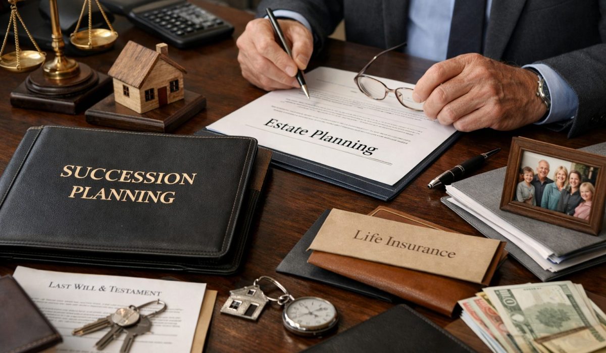 Planification successorale avec documents, assurance-vie, maison miniature et photo de famille sur un bureau
