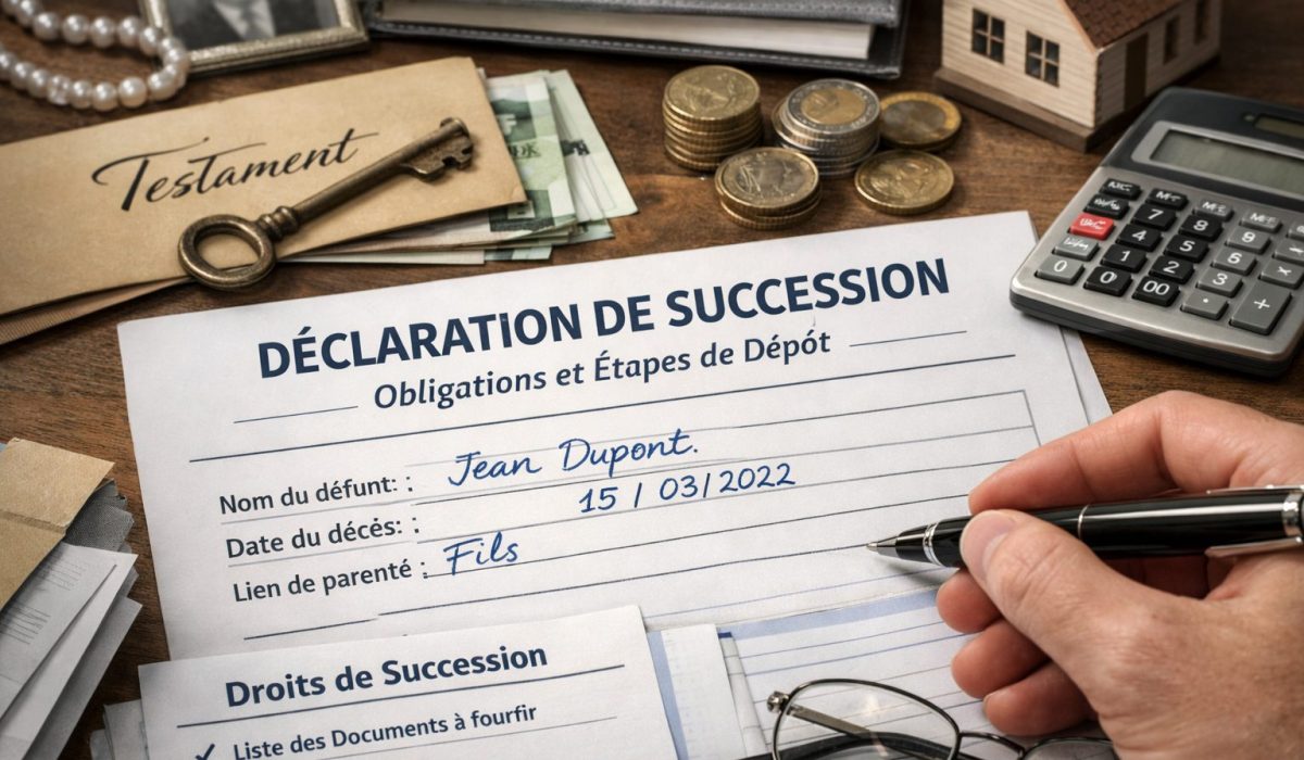 Déclaration de succession avec documents administratifs, calculatrice, pièces et maison miniature