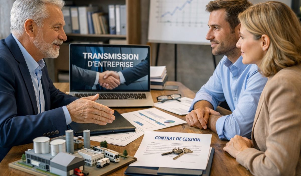Transmission d’entreprise entre un dirigeant cédant et des repreneurs lors d’une réunion patrimoniale en bureau