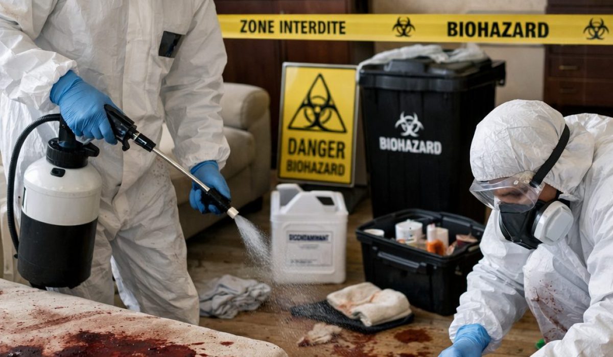 Équipe professionnelle de nettoyage après décès à domicile intervenant dans un logement avec protocole sanitaire, équipements de protection et sécurisation de la zone