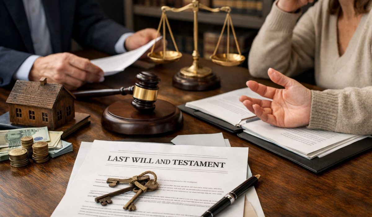 Consultation juridique sur une succession avec testament, notaire, maison miniature et documents successoraux