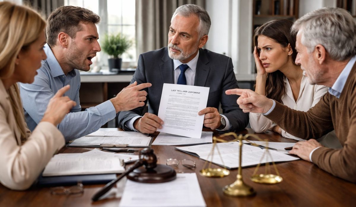 Conflit successoral entre héritiers lors d’une réunion chez le notaire pour régler un désaccord sur une succession