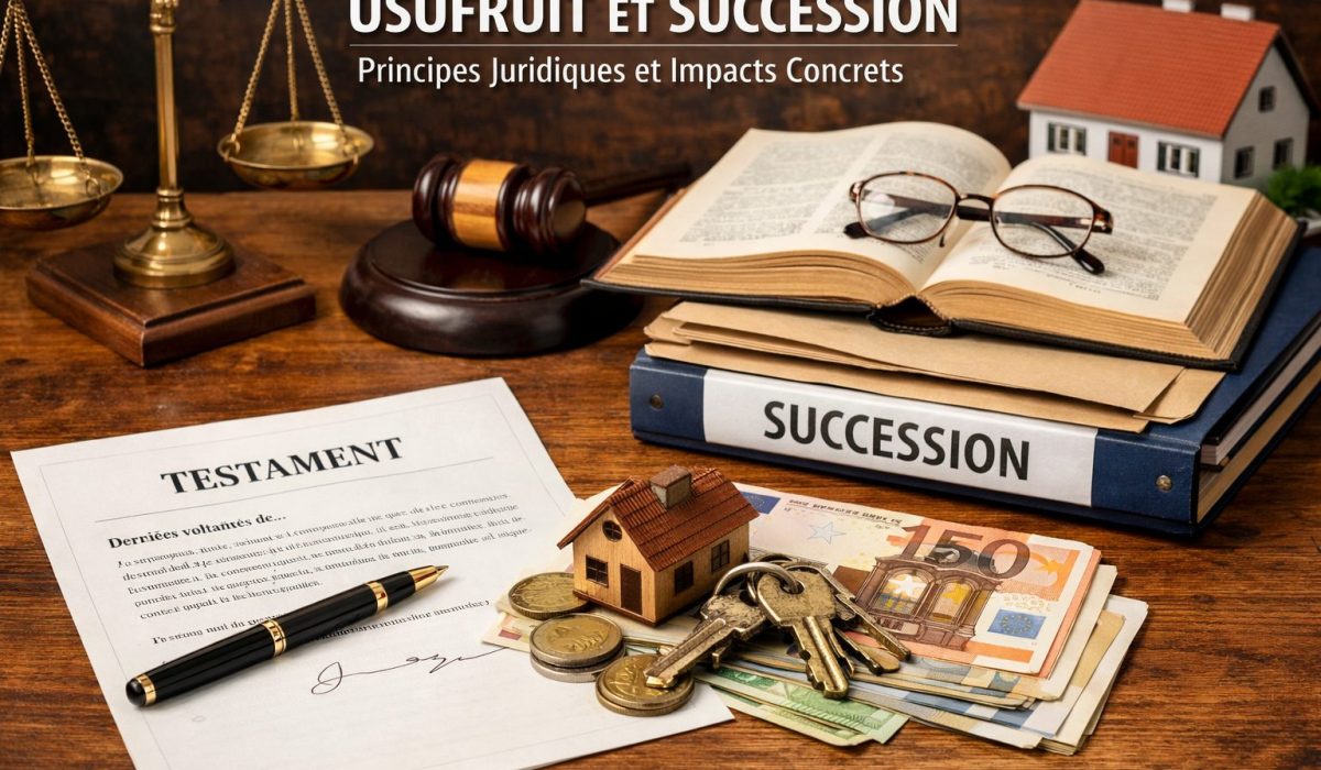 Usufruit et succession : document testamentaire, maison, clés et symboles juridiques illustrant les principes juridiques et les impacts concrets d’une succession