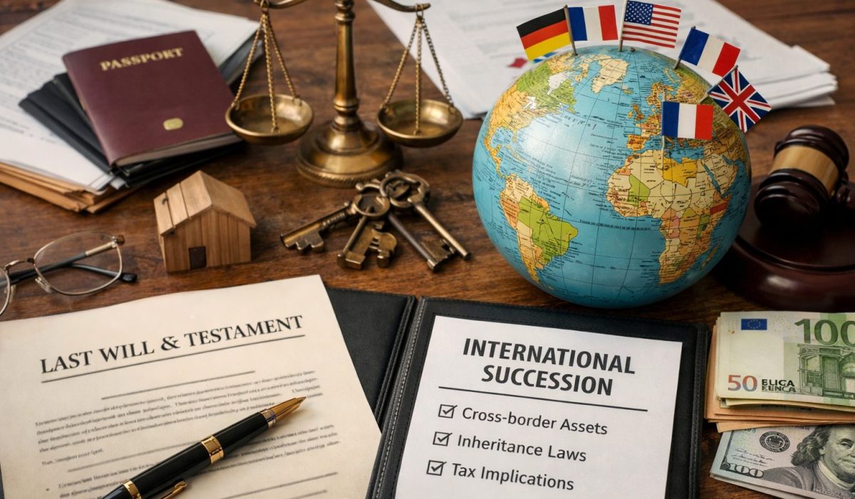 Documents de succession internationale avec testament, globe, passeports, balance de justice et argent sur un bureau