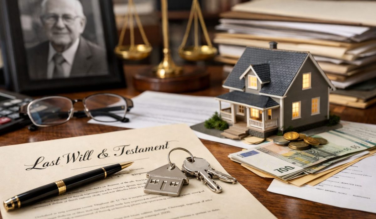 Documents de succession, clés et maison miniature illustrant la gestion d’un patrimoine locatif après un décès