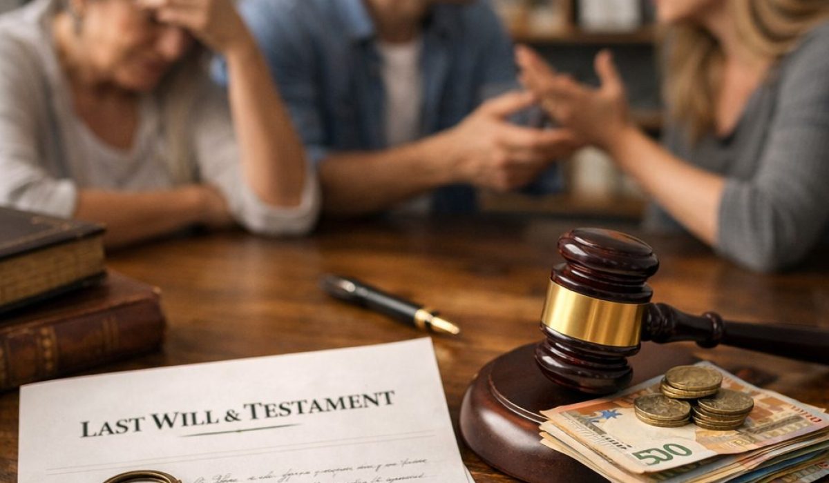 Absence de testament avec document juridique, argent, clés et famille en désaccord sur une succession