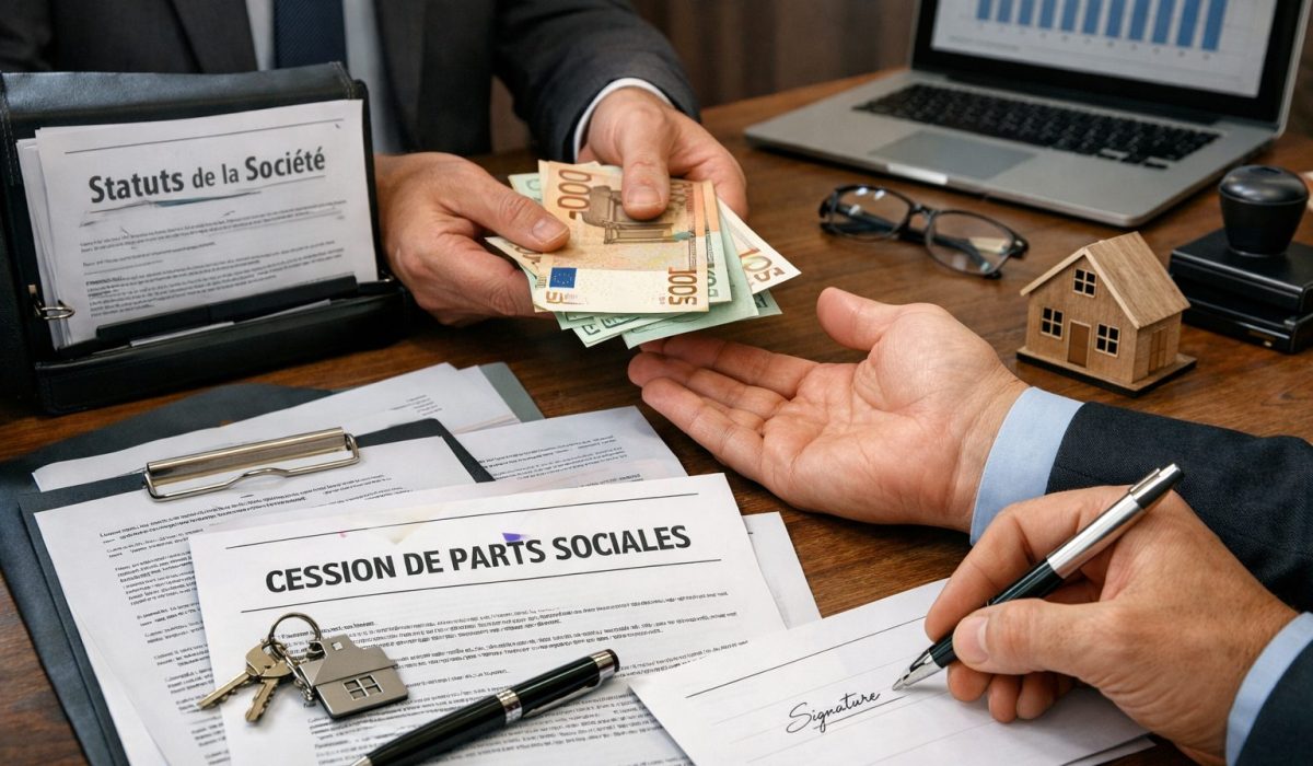 Signature d’un acte de cession de parts sociales avec documents juridiques, argent et formalités de transmission en entreprise