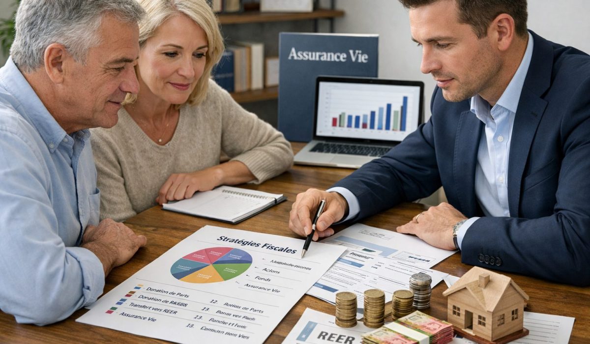 Illustration réaliste de la transmission financière avec documents patrimoniaux, graphiques d’investissement et stratégie fiscale selon différents placements