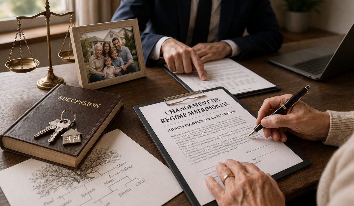 Signature d’un changement de régime matrimonial chez le notaire avec impacts possibles sur la succession familiale
