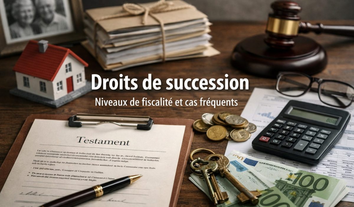 Illustration ultra réaliste sur les droits de succession en France avec documents fiscaux, héritage et calcul des niveaux de fiscalité