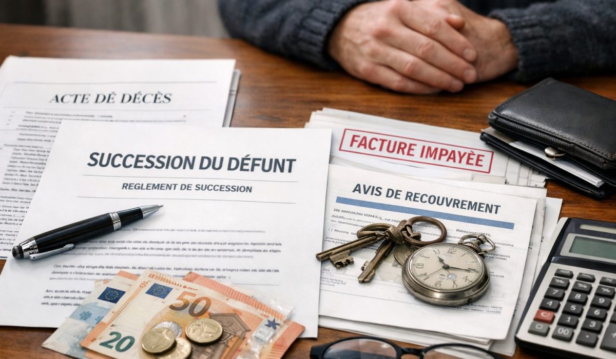 Documents de succession, factures impayées et calculatrice illustrant les dettes du défunt et les précautions juridiques pour les héritiers