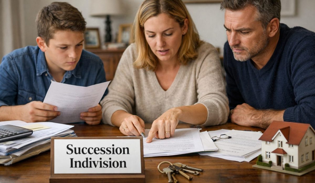 Cohéritiers en indivision réunis autour de documents successoraux pour décider de la gestion d’une maison héritée