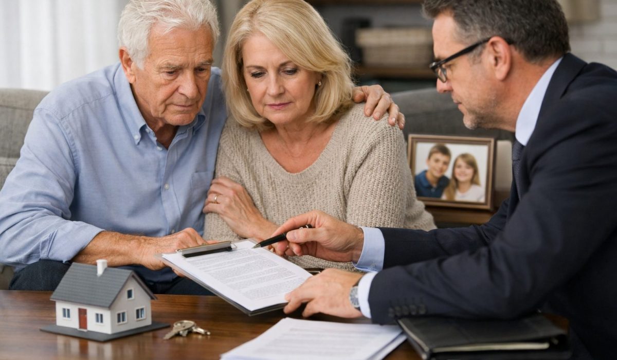 Couple senior avec un notaire pour préparer une transmission immobilière afin de protéger le conjoint et les enfants