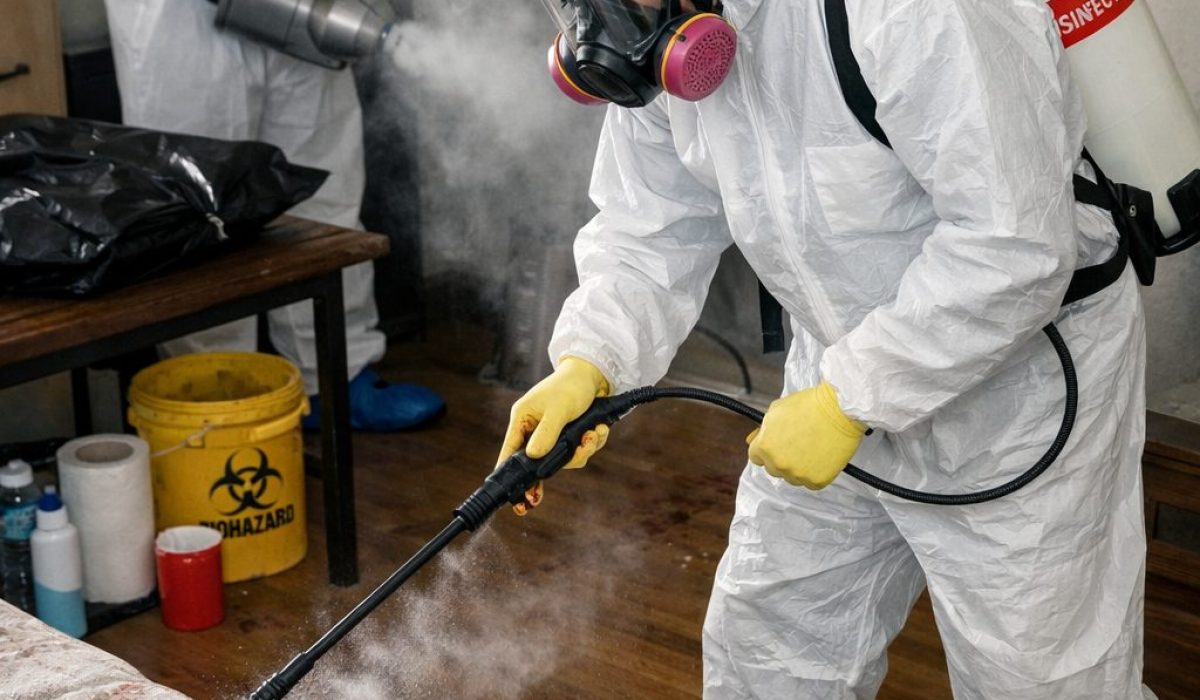 Intervenants en combinaison de protection réalisant une désinfection après décès dans une chambre selon des normes strictes d’hygiène et de sécurité