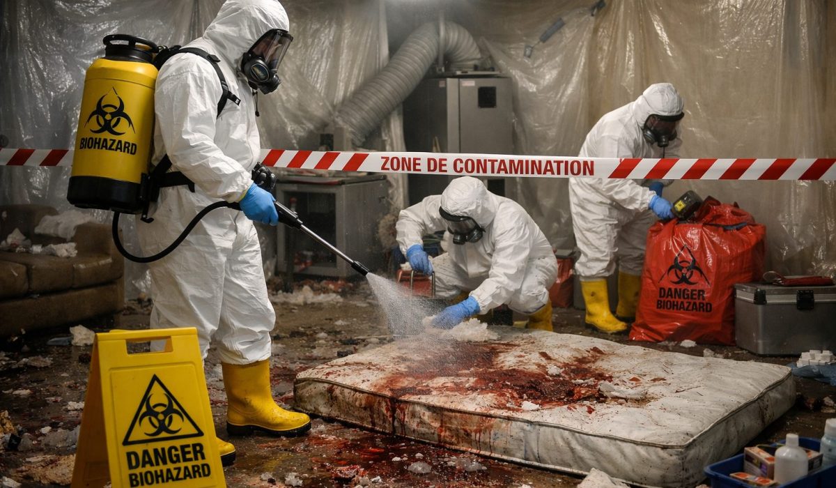 Équipe de décontamination extrême en combinaison de protection intervenant dans un logement fortement contaminé selon un protocole renforcé
