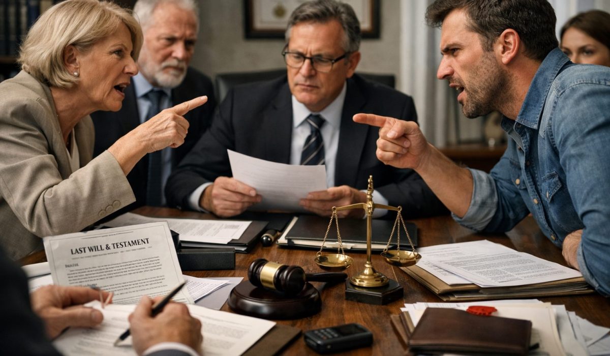 Réunion tendue autour d’une succession conflictuelle avec héritiers, avocat et documents de preuve sur la table