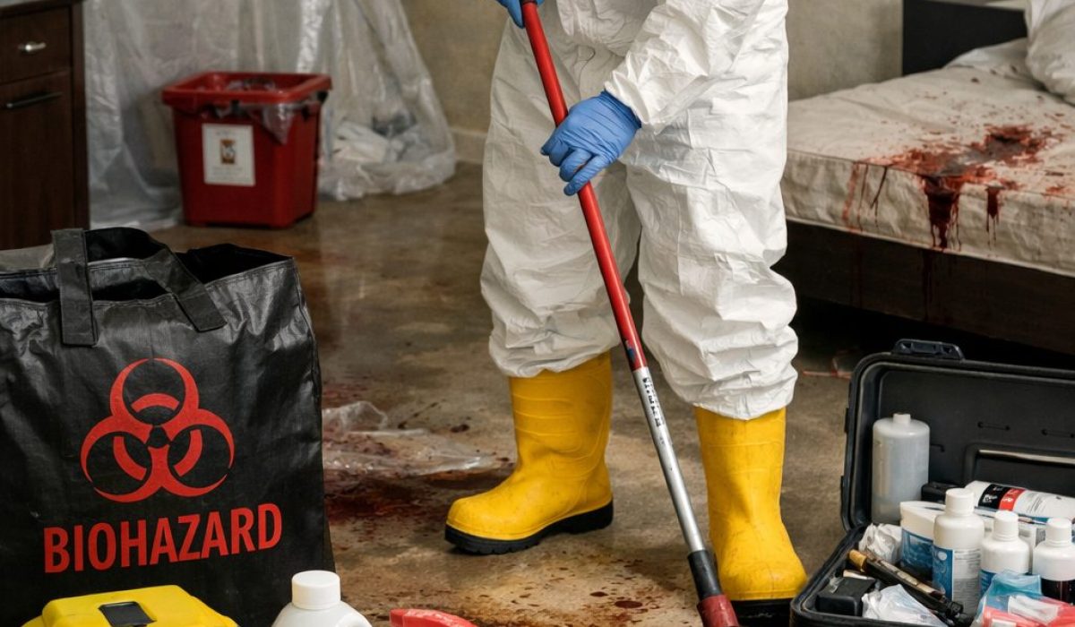 Technicien en tenue de protection utilisant du matériel et des produits de nettoyage après décès dans une pièce sécurisée