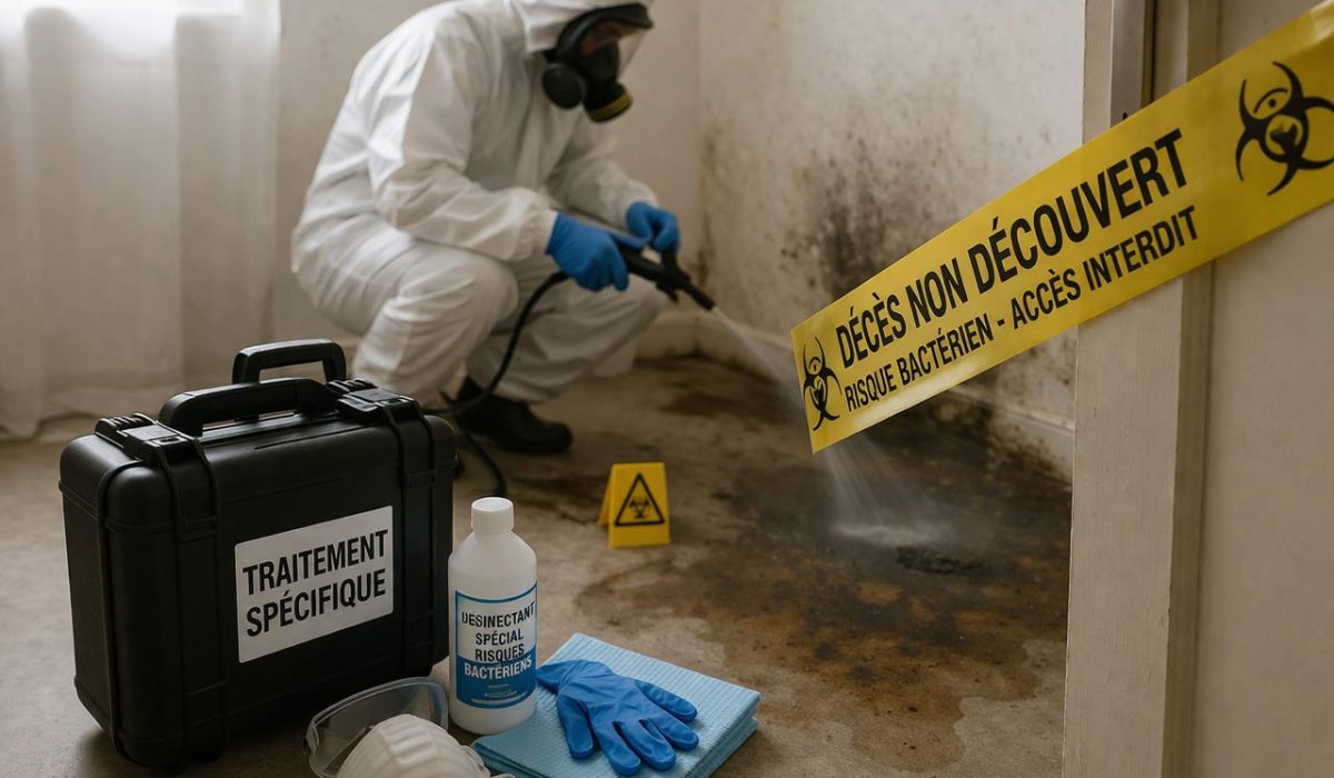 Technicien en combinaison de protection réalisant un traitement spécifique dans une pièce contaminée après un décès non découvert