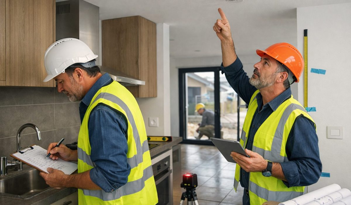 Inspecteurs de chantier effectuant les contrôles finaux dans une maison avant la fin des travaux