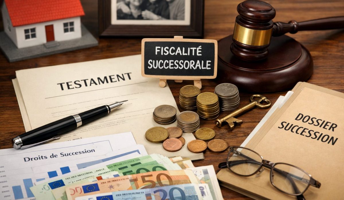 Fiscalité successorale avec testament, dossier de succession, maison miniature, marteau de juge et billets en euros sur un bureau