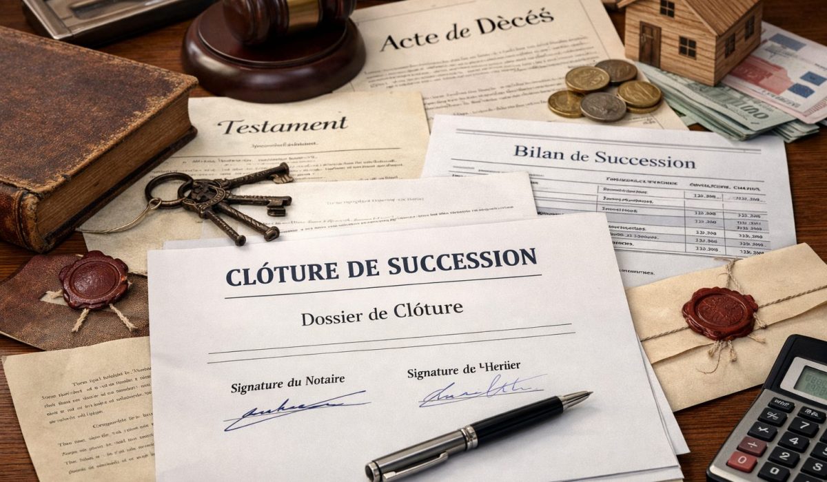 Documents de clôture de succession sur un bureau avec testament, acte de décès, bilan successoral, clés, maison miniature et stylo